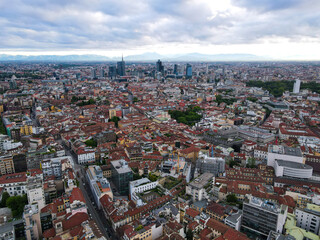 Aerial view of Castello Sforzesco (Sforza castle) in Milan. Drone photography in Lombardia. Historic medieval Sforza fortress and Arco della Pace in Sempione park, north Italy, in Europe.