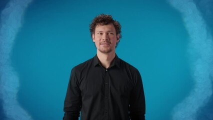 Smiling male touch screen cyberspace liquid water wave interaction motion design digital animation