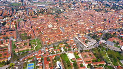 Aerial view of the historic center of Imola, in Emilia-Romagna, Italy.