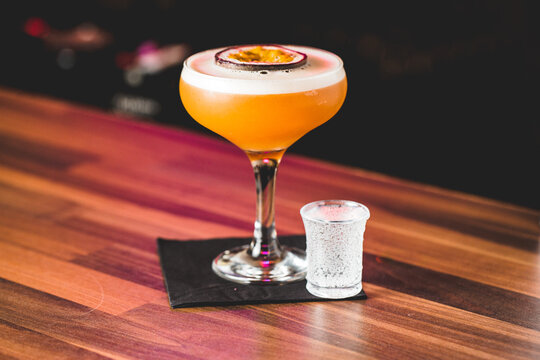 Closeup of a glass of Porn star martini cocktail