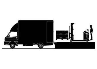 Silhouettes of worker with pallet stacker loading small truck from ramp. Vector.