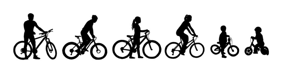Fototapeta na wymiar Set of silhouettes of bike riders in different positions isolated on white background. Man, woman, child. Black and white illustration. 