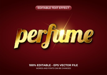 Realistic gold perfume text effect. Shiny luxury text style on a red background