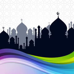 Islamic celebration background design with mosque silhouette and colorful wave design. Beautiful abstract background for Islamic greeting card