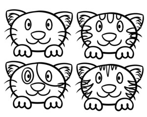 A set of cute cats, cat faces with different patterns, an illustration. Monochrome illustration.
