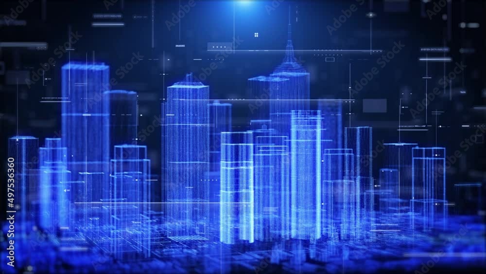 Aufkleber Technology 3D Hologram Digital Smart City Futuristic on HUD System Data Analysis 4K Motion Background. Blue Building Rotation for Science Fiction Footage.