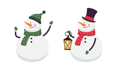 Cute Christmas characters set. Adorable funny snowman in knitted scarf and hat cartoon vector illustration