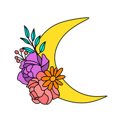 Floral moon crescent moon Beautiful crescent in lineart Botanical moon element Nature