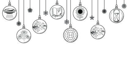 Fototapeta na wymiar Black Doodle Outline Simple Line Abstract Maerry Christmas Xmas Balls With Snowflakes Holiday Decorations Happy New Year Background Vector Design Style