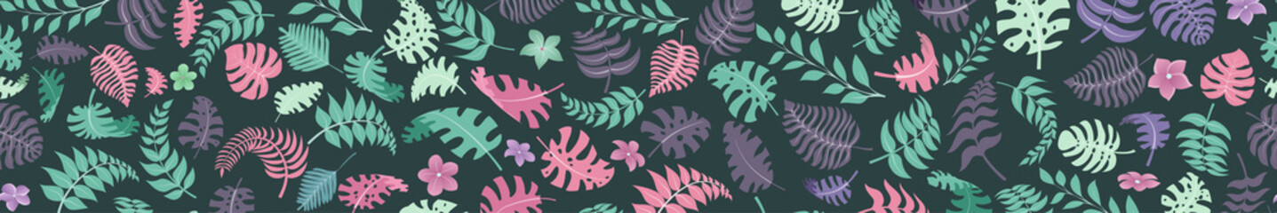 Banner with exotic jungle plants. Tropical palm leaves and flowers. Rainforest illustration, in turquoise and pink colors, with seamless horizontal repetition