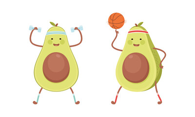 Cute avocado doing sports set. Funny healthy nutritious fruit lifting dumbbells and playing basketball cartoon vector illustration