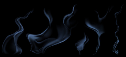 Set of several realistic transparent light blue smokes or steam, for use on dark background. Transparency only in vector format