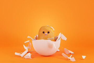 Easter chicken hatched from an egg, 3d render. Newborn chick hatches from an egg, on a yellow background. Happy Easter banner, copy space