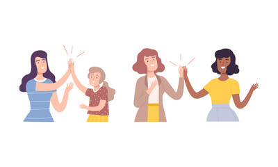 People doing high five set. Meeting of friends, informal greeting, command motivation and communication vector illustration
