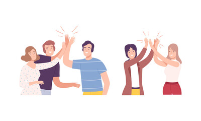 Friends giving high five greeting each other set. Meeting of friends, command motivation and communication vector illustration