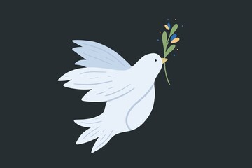 Flying bird as a symbol of Peace. White Dove holds a branch. Support Ukraine concept. Blue and yellow Ukrainian flag. No war sign. Hand drawn Vector illustration.