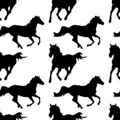seamless background of black silhouettes of drawn horses on a white background, pattern EPS