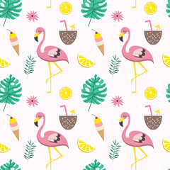 Seamless pattern with theme of beach and cocktails and ice cream and palm trees EPS