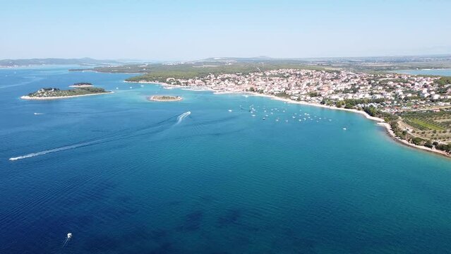 Pakostane at Zadar, Dalmatia, Croatia - Aerial Drone View of the Coastline with Boats, Beaches, Islands and Picturesque Village