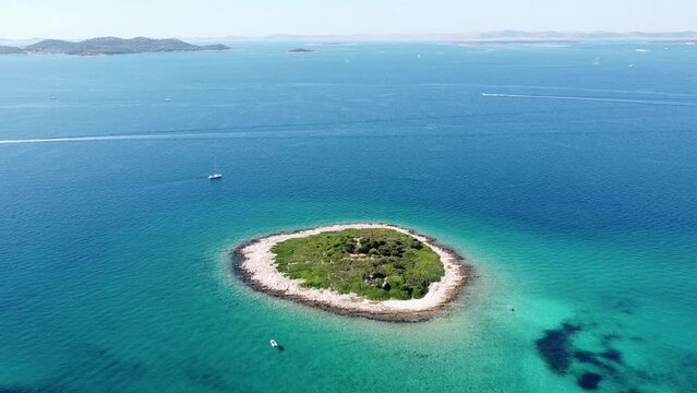 Tropical and Uninhabited Island at the Adriatic Sea in Dalmatia, Croatia - Aerial Drone View