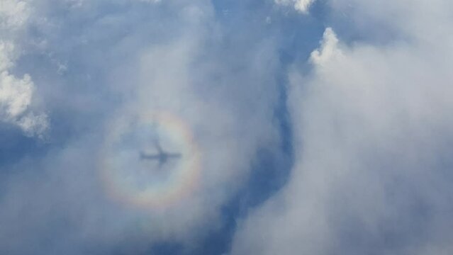 shadow of an airplane casted on a cloud with a brocken spectre or a so called solar glory