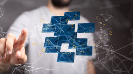 touching 3D rendering flying email icon with his fin