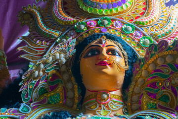 Kolkata, West Bengal, India - 7th October 2018 : Clay idol face of Goddess Durga, under preparation...