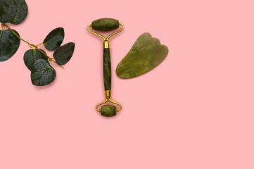 Green jade roller and eucalyptus branch on a pink background.