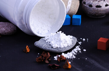 Closeup shot of a white bottle of creatine monohydrate powder