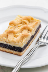 a piece of  poppy cake with crumble