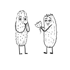Cucumbers doodles black outline stickers on white background