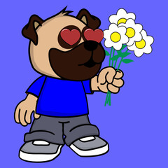 pug dog kid cartoon holding flowers illustration in vector format