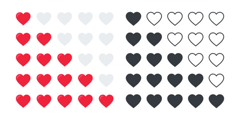 Fototapeta premium Rating hearts icons. Product rating or customer review with red hearts and half hearts. Vector icons