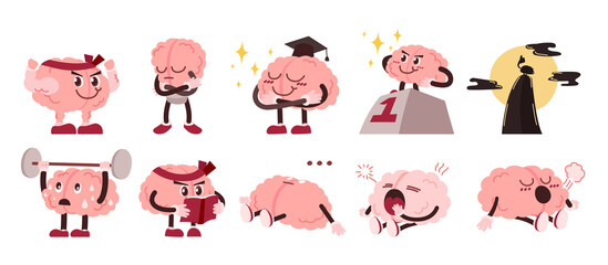 Brain Character With Emotion And Activity Set, Vector, Illustration