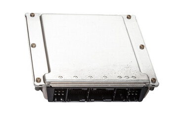 A metall car engine control unit with metal elements on a white isolated background is the connecting center of various subsystems, units and assemblies. Spare part for repair in a auto service