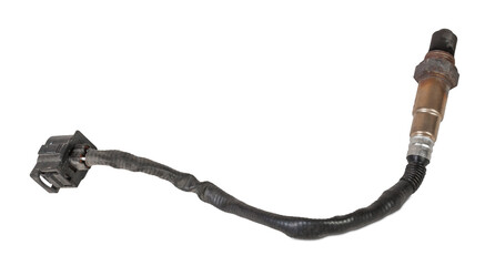 Lambda probe - oxygen sensor device designed to record amount of remaining oxygen in the exhaust gas of car engine is located in exhaust system. Metal spare part for replacement to repair in workshop.