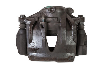 Old metal brake caliper on a white background for replacement during the repair of the chassis or...