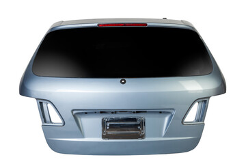 Blue metallic boot lid reverse side with stiffeners on a white isolated background with a nameplate...
