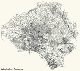Detailed navigation black lines urban street roads map of the German regional capital city of WIESBADEN, GERMANY on vintage beige background