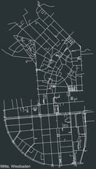 Detailed negative navigation white lines urban street roads map of the MITTE DISTRICT of the German regional capital city of Wiesbaden, Germany on dark gray background