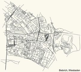 Detailed navigation black lines urban street roads map of the BIEBRICH DISTRICT of the German regional capital city of Wiesbaden, Germany on vintage beige background