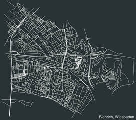 Detailed negative navigation white lines urban street roads map of the BIEBRICH DISTRICT of the German regional capital city of Wiesbaden, Germany on dark gray background