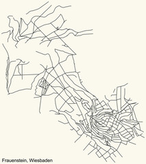 Detailed navigation black lines urban street roads map of the FRAUENSTEIN DISTRICT of the German regional capital city of Wiesbaden, Germany on vintage beige background
