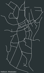 Detailed negative navigation white lines urban street roads map of the HEßLOCH DISTRICT of the German regional capital city of Wiesbaden, Germany on dark gray background