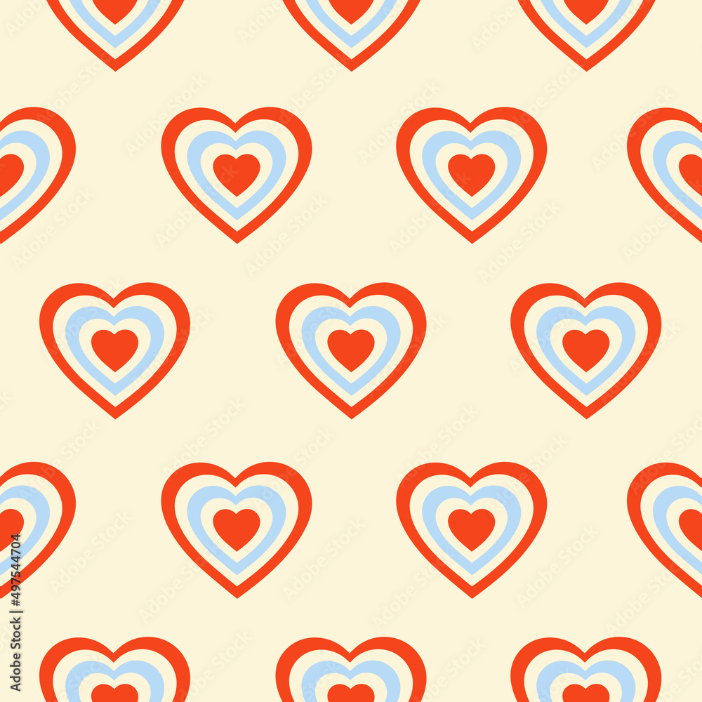 Poster Seamless pattern with hearts shaped tunnel isolated on a beige background. Modern minimal  illustration for decoration. Retro vector print in style 60s, 70s