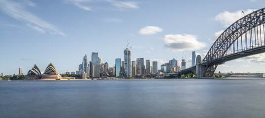 Panoramic view of the Harbor Bridge and Opera House in Sydney, Australia
