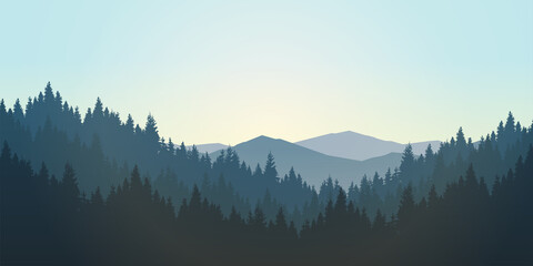 mountain landscape The morning sun is above the pine forest. Background for design, website, book cover, mountain background, mountain vector illustration.