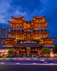View of majestic Buddha Tooth Relic Temple and Museum in the evening, Chinatown, Singapore