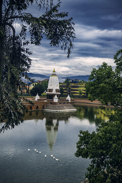 Beautiful scene with the Rani Pokhari temple and pond in the heart of Kathmandu, Nepal