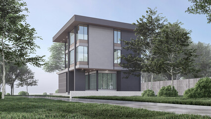 3D rendering illustration of modern house